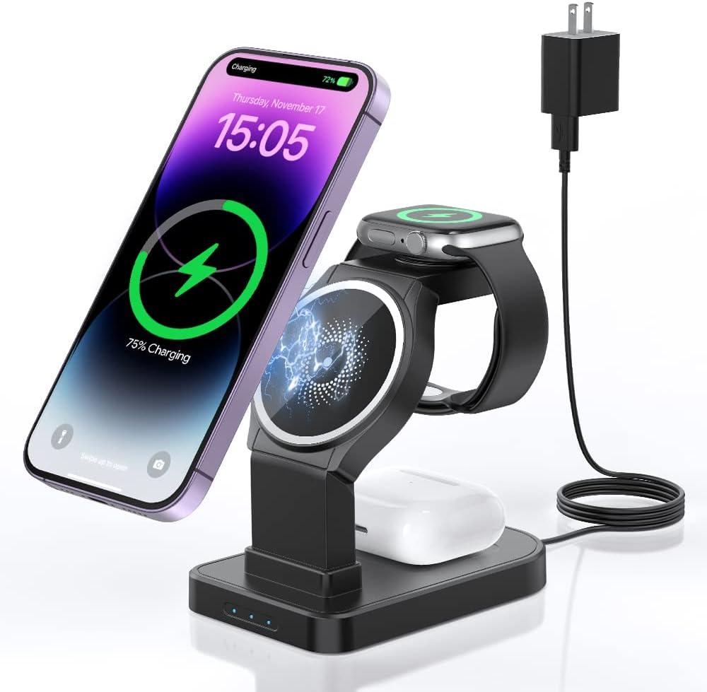 Wireless Mag-Safe Charging Station,CYFIBYNO 3 in 1 Wireless Charging Stand for iPhone 16/15/14/13/12/Pro/Max, Fast Wireless Charging Dock Stand for Apple Watch Series & Airpods