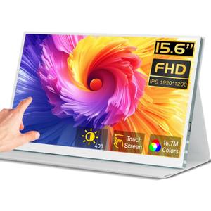 Prechen 15.6'' Touchscreen Portable Monitor, FHD IPS Display with Built-in Speaker & Protective Case, 10-Point Touch Screen, HDMI & USB-C Travel Monitors for Laptop, PC, Phone,Metal Gray + White