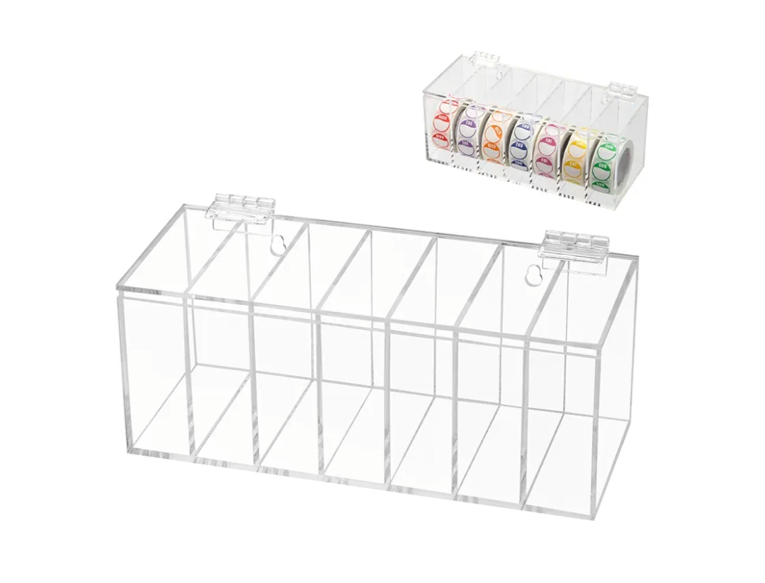 Adjustable Label Dispenser 7-Slot, Acrylic Wall Mountable Day of The Week Covered Sticker Roll Dispenser, Transparent Home Organization Box for Weekly Stickers, Jewelry, Coffee Bean, Perfumes