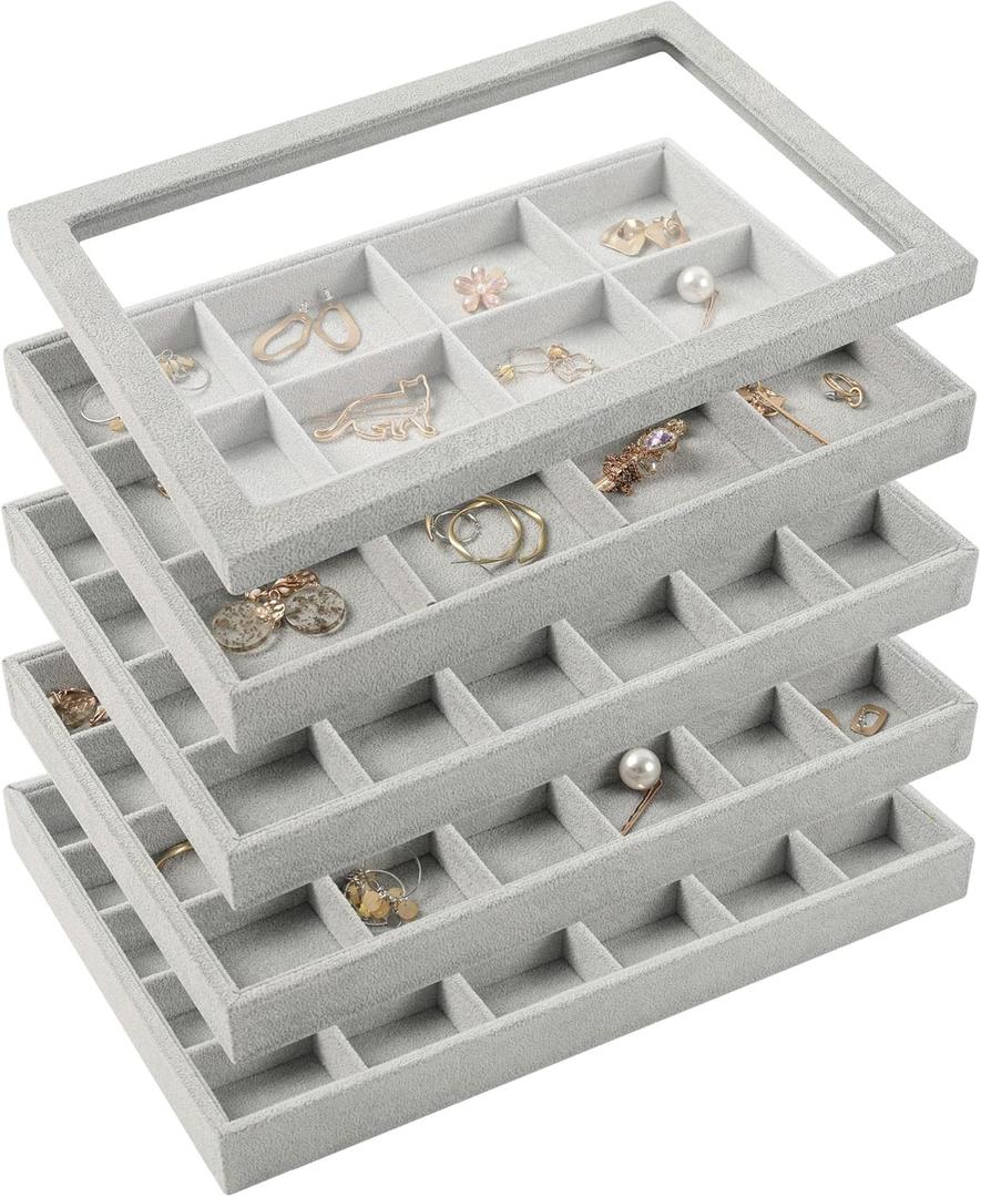 DIOMMELL 4 Pack Stackable Jewelry Trays Organizer with Lid Jewelry Display Showcase Dresser Drawer Organizer Storage Box for Ring Earring Bracelet Necklace Accessary, Grey
