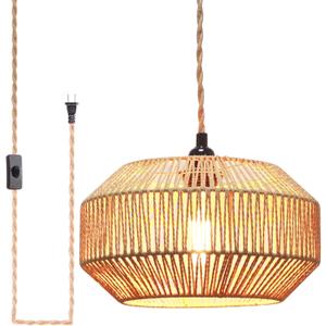 Hanging Lamp Plug in Pendant Light Rattan Hanging Lights with Plug in Cord Hanging lamp Hanging Lights with Plug in Cord Hanging lamp for Living Room (Pumpkin)