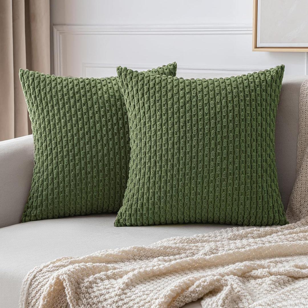 MIULEE Pack of 2 Decorative Throw Pillow Covers 18x18 Inch Soft Boho Striped Textured Corduroy Pillow Covers Modern Farmhouse Home Decor for Couch Bed Sofa Living Room Moss Green
