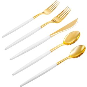 Rubtlamp 96 Pcs Gold Plastic Silverware, Gold Plastic Utensils with White Handle, Cutlery Set Disposable Includes: 32 Knives, 32 Plastic Spoons And 32 Forks for Wedding And Party