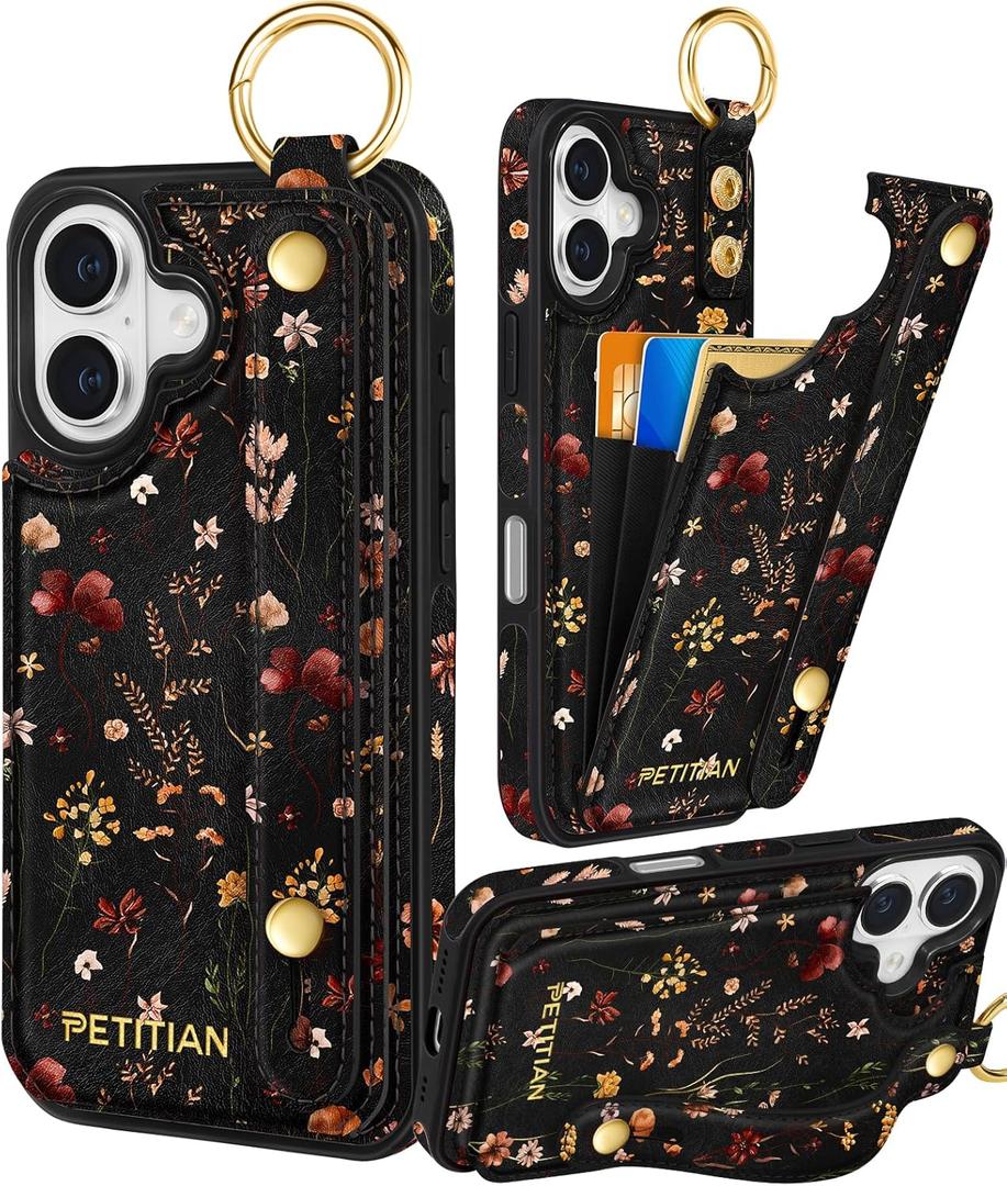 Petitian for iPhone 16 Wallet Case - Women Girls Cute Girly Aesthetic Unique Design Leather Credit Card Holder Cardholder Stand Wristband for iPhone 16, Grow Flower