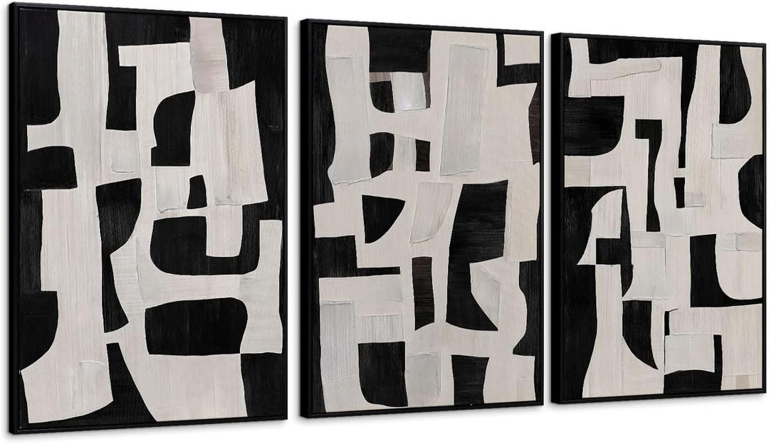 Zessonic Abstract Black and White Wall Art Edgy Blocks Framed Geometry Canvas Print Modern Contemporary Artwork for Living Room, Bedroom, Office Decor - Set of 3, 24x36 Inch (Ready to Hang), 24" x 36" x 3 Panels Framed