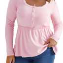 Women's Plus Size Babydoll Tops Long Sleeve Henley Shirts Cute Square Neck Peplum Top Button Casual Swing Flowy Blouses (Pink, XL)