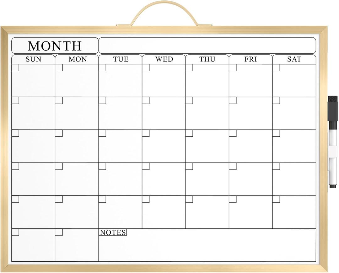 MaxGear Magnetic Calendar Whiteboard for Wall  16"x12" Dry Erase Board with Handle, Double-Sided Gold Aluminum Alloy Frame, Monthly Planner White Board for Home, Office, School