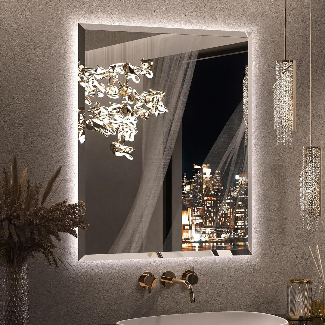 Keonjinn 30 x 36 Inch Backlit Bathroom Mirror with Lights, Light Up Mirror with Beveled Edge, UL-Listed Driver, HD Tempered Glass, 3000K/4500K/6500K, Defogging, Dimmable, Frameless LED Vanity Mirrors