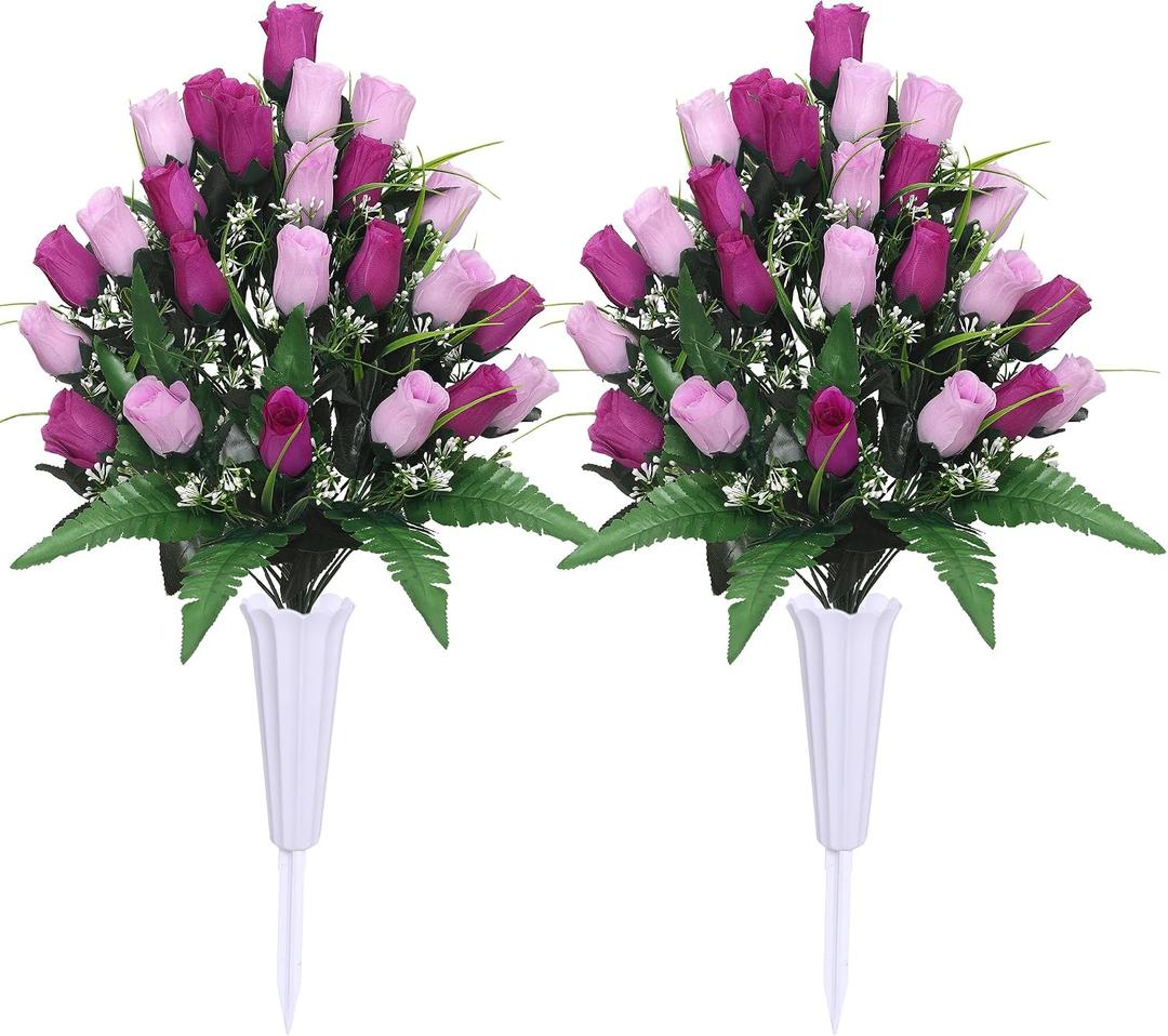 Lodou Artificial Cemetery Flowers,Outdoor Grave Decorations Roses,Arrangements Bouquet with Cemetery Vase, Silk Flowers for Long-Lasting Remembrance (Purple)