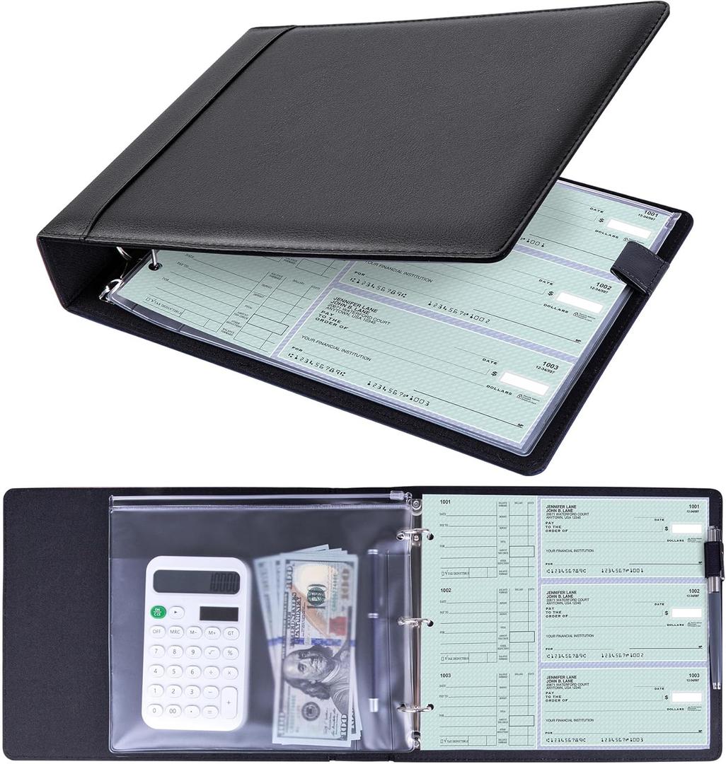 Antner 3 Ring Personal Check Binder for 3-on-a-Page End-Stub Deskbook & Personal 3 Holes or 9 Holes Small Size Checks, PU Leather Check Holder Checkbook Binder Cover with Zipper Pouch, Black