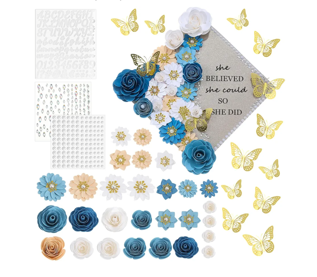 43 Pcs Graduation Cap Decorations Kit Includes Artificial Flowers Faux Flower Heads 3D Butterfly Stickers Pearl Rhinestones Glitter Stickers for Grad Cap Topper DIY Graduation Gift(Blue)