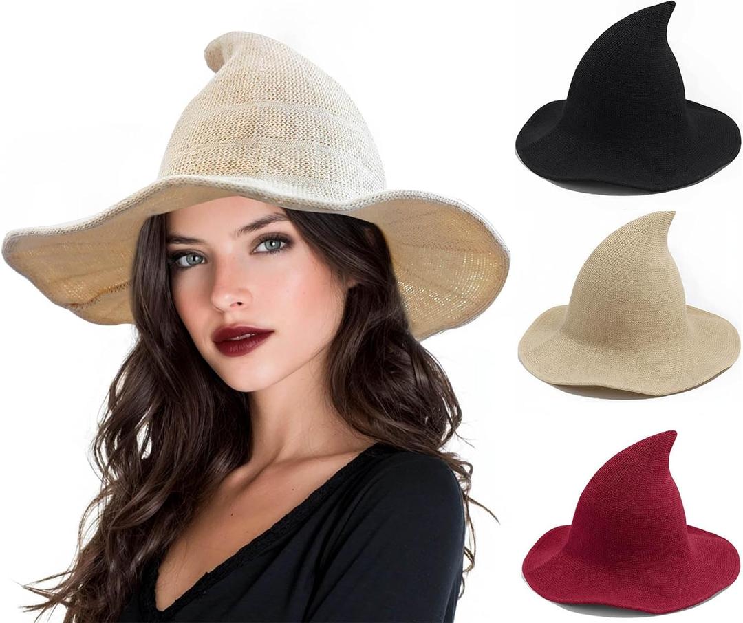 Halloween Witch Hat for Women - Wide Brim Foldable Wool Knitted Hat for Party Cosplay Costume Halloween Accessories (One Size, Off-white)