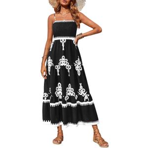 PRETTYGARDEN Women's Summer Maxi Dress 2026 Casual Boho Sleeveless Spaghetti Strap Smocked Tiered Long Beach Vacation Sundresse (Black White Flower, S)