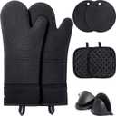 8PCS Oven Mitts and Pot Holders Sets - 480°F Heat Resistant Pot Holders and Oven Mitts, 14.5" Extra Long Silicone Oven Mitts for Cooking, Non-Slip Oven Mitt with Soft Cotton Lining, Black