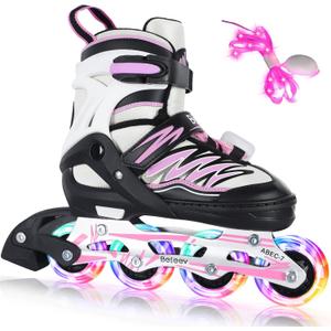 BELEEV Inline Skates with Light-Up Wheels & Shoelaces, 4-Size Adjustable Roller Blades for Kids, Boys & Girls Ages 5-8, 8-12, 6-12, Illuminating Skates for Youth & Women, Beginner Outdoor/Indoor Use (Pink)