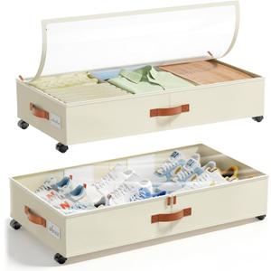 LAMU Under Bed Storage with Wheels, 2 Pack Under Bed Storage Containers with Clear Lids & Label, Rolling Under Bed Drawers for Clothes, Shoes, Blankets, Beige