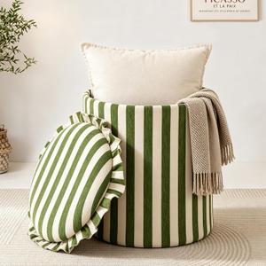 GLAXYFUR Round Striped Ottoman with Storage, Foot Rest Stool, Green, 14.2"D x 14.2"W x 17.3"H