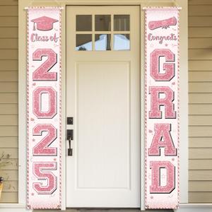 Pink Graduation Party Decorations Class of 2025 Porch Sign Graduation Congrats Grad Rose Gold Graduation Banners Door Hanging for High School College Graduation Party