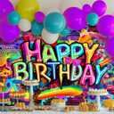 Graffiti Backdrop 7Wx5H Feet Neon Happy Birthday Glow in The Dark Brick Wall Colorful Painting Splatter Polyester Fabric Cool Photography Backgrounds Photo Shoot Decor Props Decoration