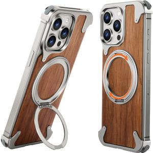 OATSBASF Magnetic Wood Case Compatible with iPhone 15 Pro Max, [Natural Wood & Aluminum] Shockproof Protective Cover Unique Wooden Case with 360 Ring Stand, Natural Titanium