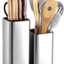Knife Holder and Utensil Holder - Stainless-Steel Modern Rectangular Design Universal Knife Block and Kitchen Utensils Organizer for Counter-top