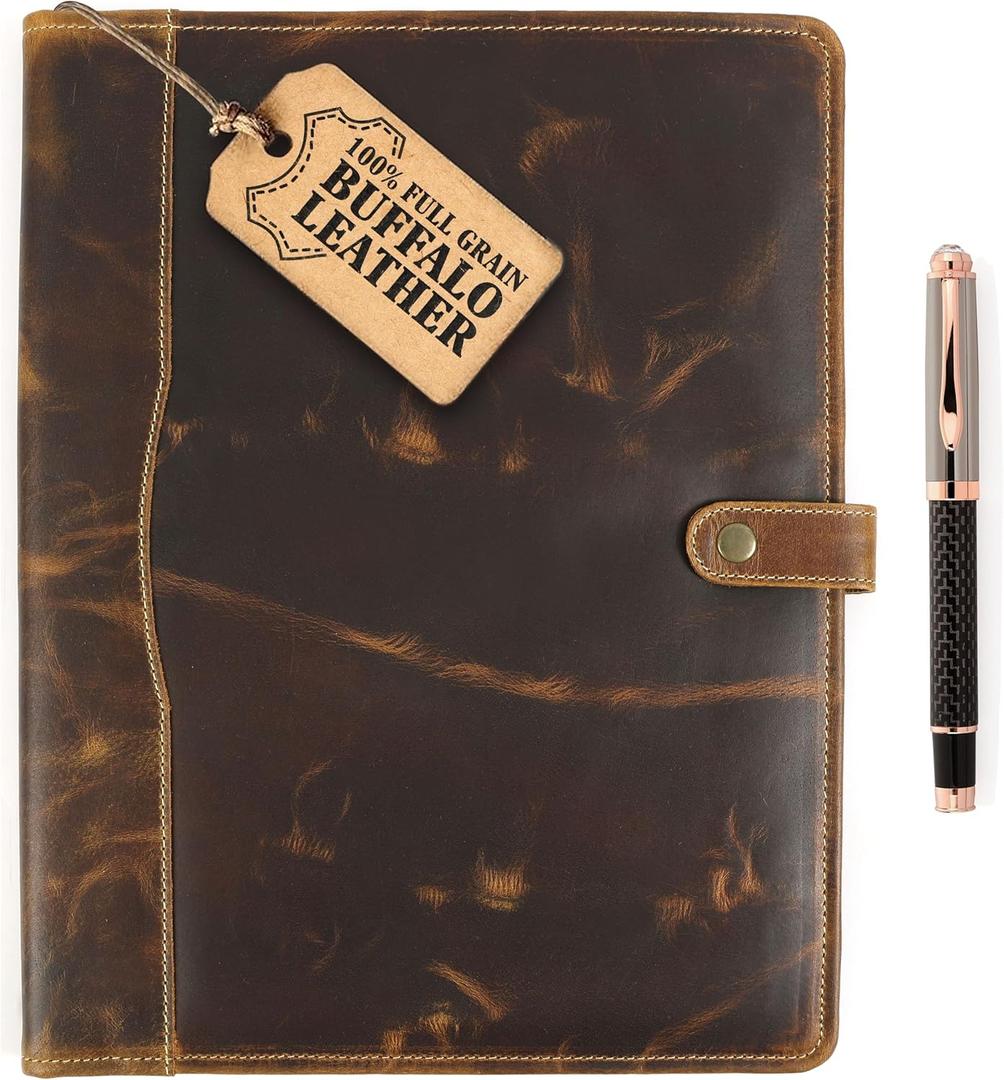 Leather Portfolio, Leather Binder with Pen, Resume Organizer & Padfolio for Men and Women | Business Portfolio with Card Holder & Document Organizer (Antique Brown)