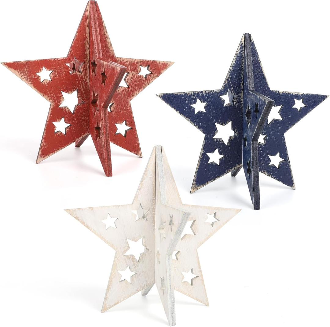 COCHIE 6 Inch Labor Day Decorations Wooden Stars Set, Vintage 3D Star Memorial Day Tiered Tray Decor, 4th of July Red White Blue Patriotic Decoration for Home Table Desk Door Shelf (Cutout Retro)