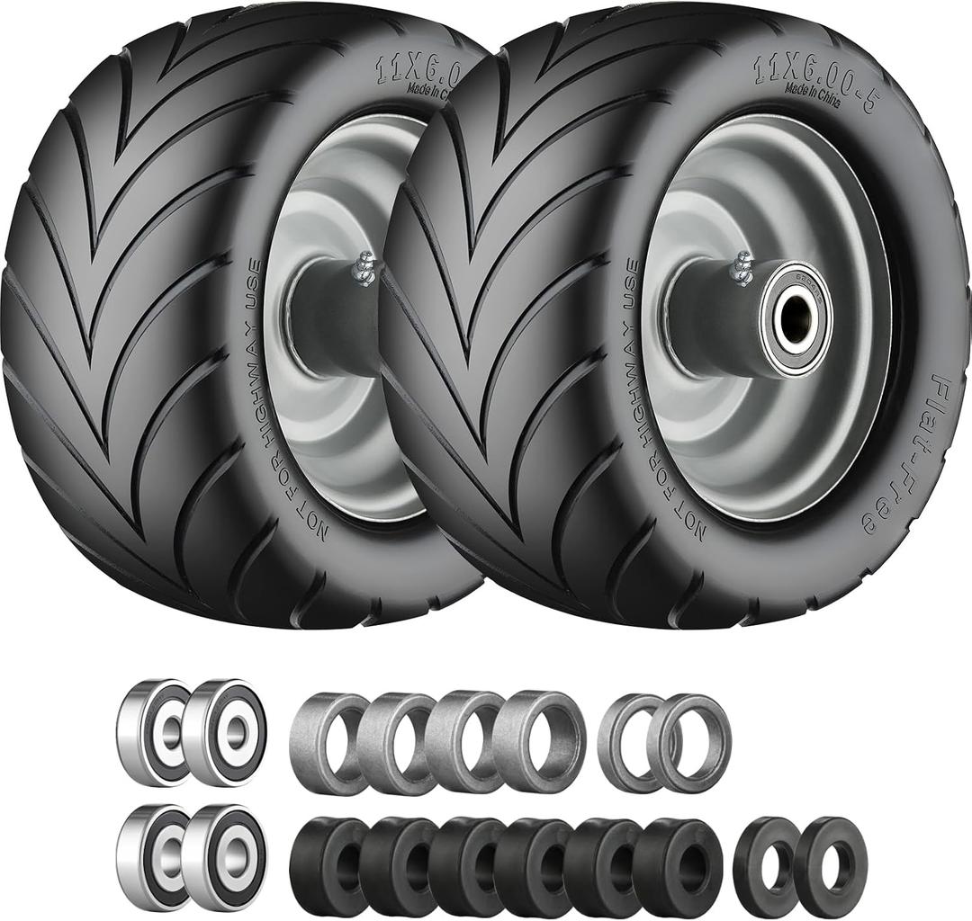 11x6.00-5 Flat Free Tire with Chevron Tread, Zero Turn Lawn Mower Tires with 3/4" or 5/8" and 1/2" Bearings, 5.2"-8.3" Centered Hub,11x6.00-5 Tires for Zero Turn Mower Gray Rim - 2Pack