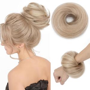 Thick Human Hair Messy Bun, 100% Real Hair Bun Extensions for Women, Wavy, 25g, #Golden Brown & Bleach Blonde