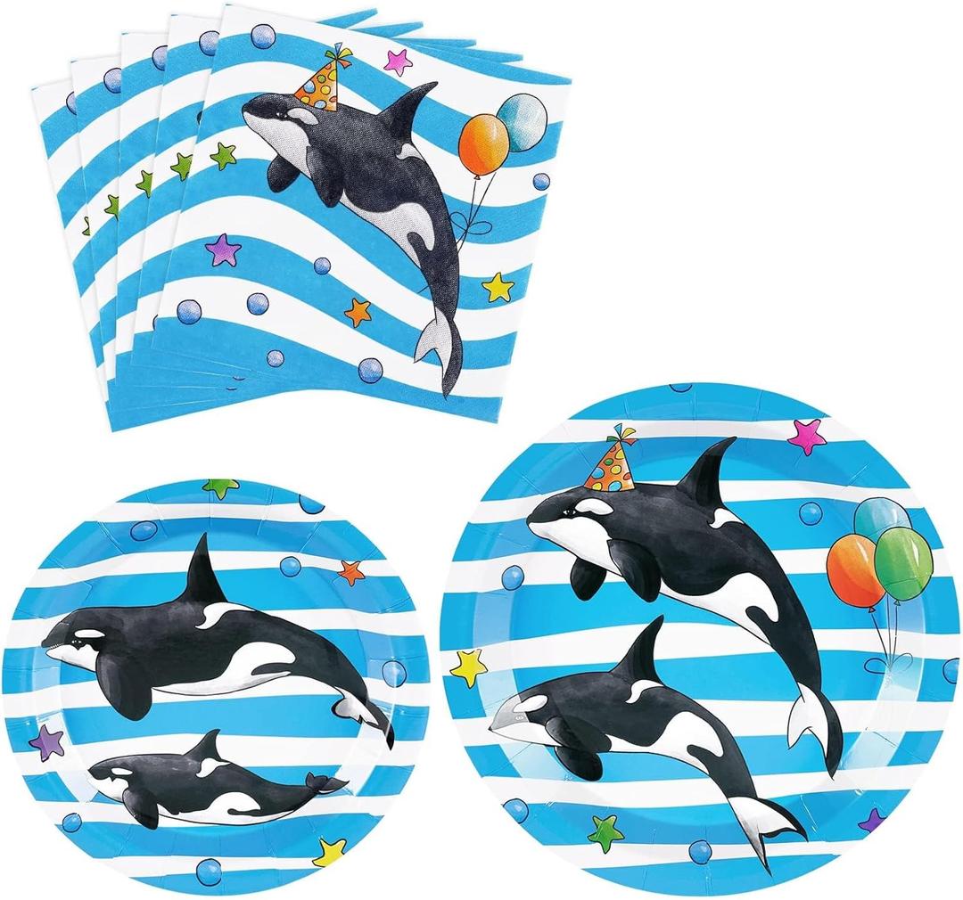 WERNNSAI Orca Party Plates and Napkins - 48 PCS Orca Birthday Party Supplies for Kids Blue Ocean Under the Sea Party Decorations Baby Shower Dinner Dessert Tableware Set Serves 16 Guests