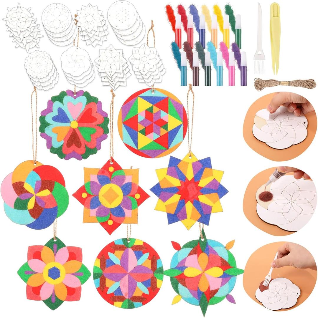 24 Pcs 4 Inch Sand Painting Mandala Coloring Craft Kits Animal Wooden Sand Art with 12 Colored DIY Valentine Self Adhesive Painting for Party Favors Gifts Fun Home Activities(Mandala)