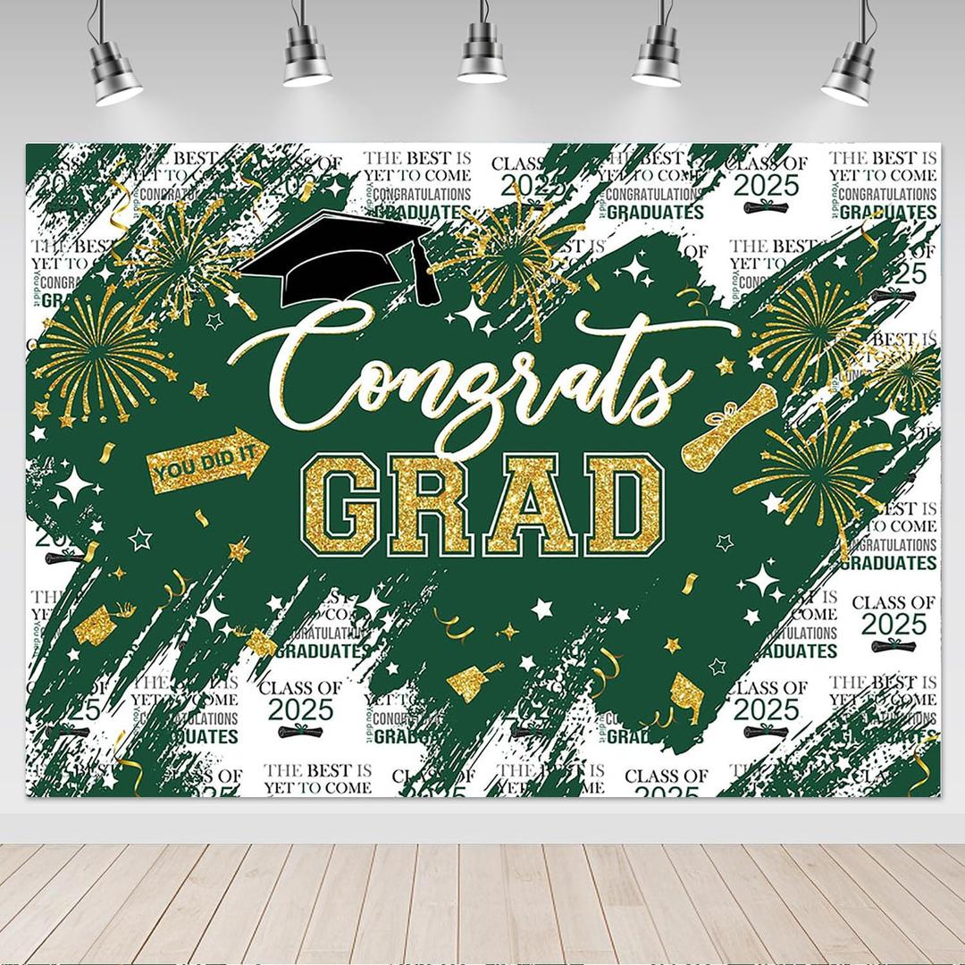Mocsicka Graduation Backdrop Congrats Grad Green and Gold Graduate Party Decorations Background Class of 2025 Photography Backdrops (10x8ft)