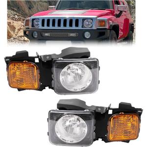 HECASA Pair Headlight Assembly Compatible with 2006-2010 Hummer H3/09-10 H3T Headlamp Front Light Lamp Clear/Yellow Lens - Driver&Passenger Side