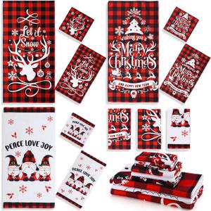 Newwiee 9 Pcs Christmas Bathroom Towels Set 3 Soft Buffalo Plaid Bath Towels 3 Decorative Square Towel 3 Absorbent Hand Towel, Assorted Sizes, for Xmas Decor Spa(Red,Gnome)