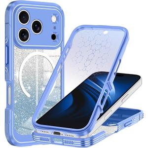 Hekodonk for iPhone 17 Pro Case, Compatible with Magsafe [Built-in Tempered Glass Screen Protector & Camera Lens Protection] Full Body Shockproof Protective Women Girl Bling Case,Blue Glitter