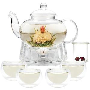 GURUDAR Glass Teapot Set, 34OZ/1000ML Glass Tea Kettle with Loose Tea Infuser & Warmer, 5OZ/150ML Double-Wall Tea Cup Set of 4, Stovetop & Microwave Safe Tea Maker, Blooming Tea Gift Set For Women 7Pcs