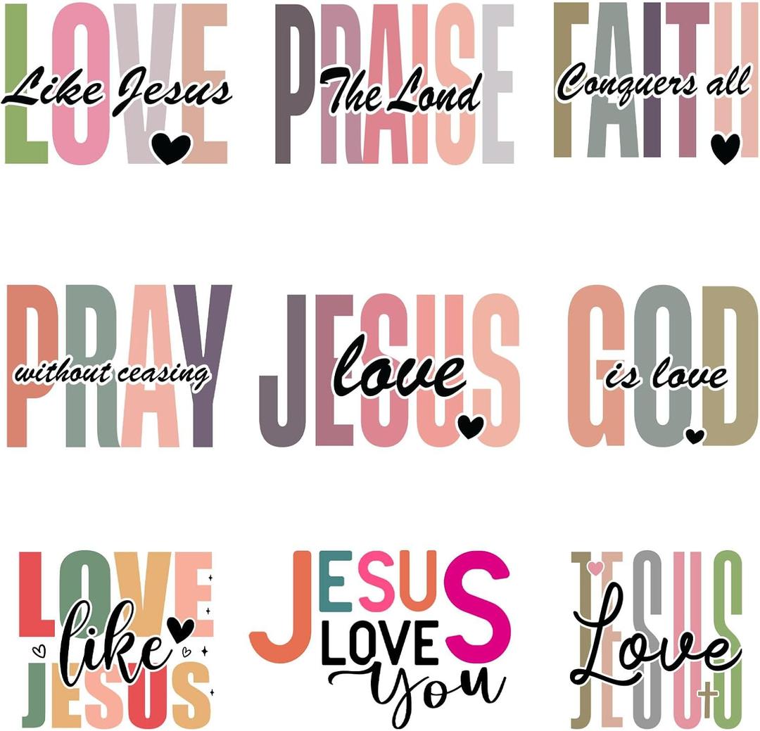 9Pcs Christian Quotes Jesus Iron On Transfer Patches DIY Iron On Decals Heat Transfer Vinyl Stickers for Clothes T Shirts Bag Pillow Covers Appliques