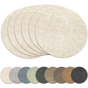13" Round Placemats Set of 6, Reversible Faux Leather Heat Resistant Table Mats, 100% Waterproof Oilproof Wipeable Table Protective Placemats for Vinyl, Washable for Indoor & Outdoor Use (6, Beige)
