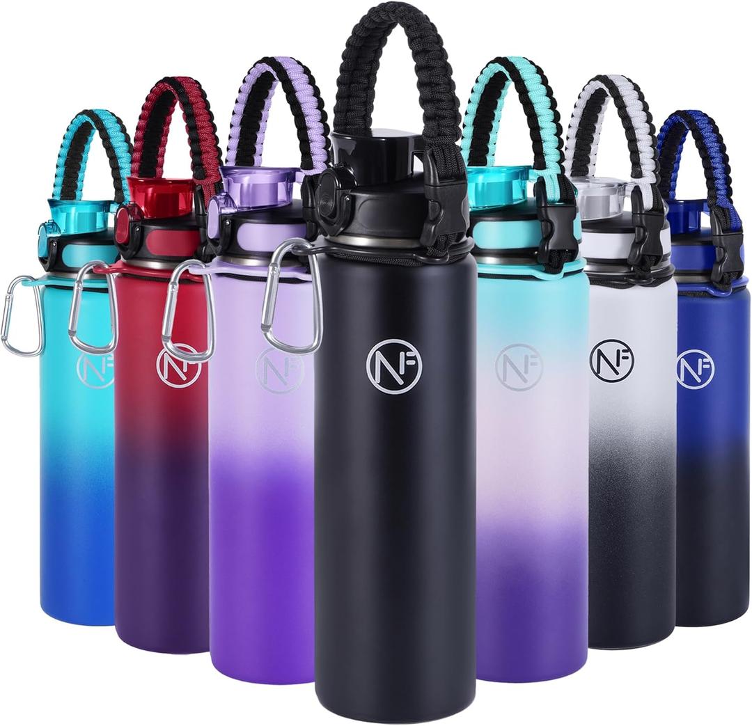 32 oz Insulated Water Bottle With Detachable Straw & Paracord Handle, Stainless Steel Thermos Water Bottle with Leakproof Lockable Lid, BPA-Free Sports Bottle (Black)