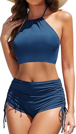 Women High Waisted Shorts Bikini Sets Tummy Control Swimsuit Two Piece Halter Drawstring Bathing Suit, Size S