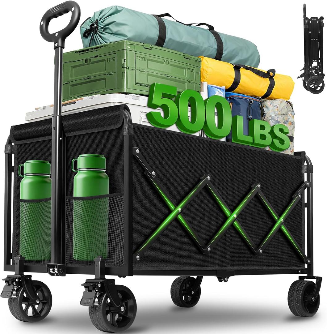Wagon Cart Foldable,500Lbs Collapsible Wagon Cart with Wheels Portable, All Terrain Outdoor Utility Carts for Groceries, Camping, Sports, Garden, Shopping, Black