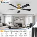 Ceiling Fans with Lights and Remote, 52 Inch Ceiling Fan with Light, Low Profile Reversible Gold Fandelier Ceiling Fan, Dimmable LED, Flush Mount, Quiet DC Motor, for Bedroom Kitchen