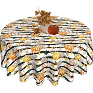 Fall Round Tablecloth 60 Inch Maple Leaf Pumpkin Table Cloth Waterproof Resistant Reusable Autumn Thanksgiving Decorations Table Cover for Kitchen Dinning Holiday Party Decor