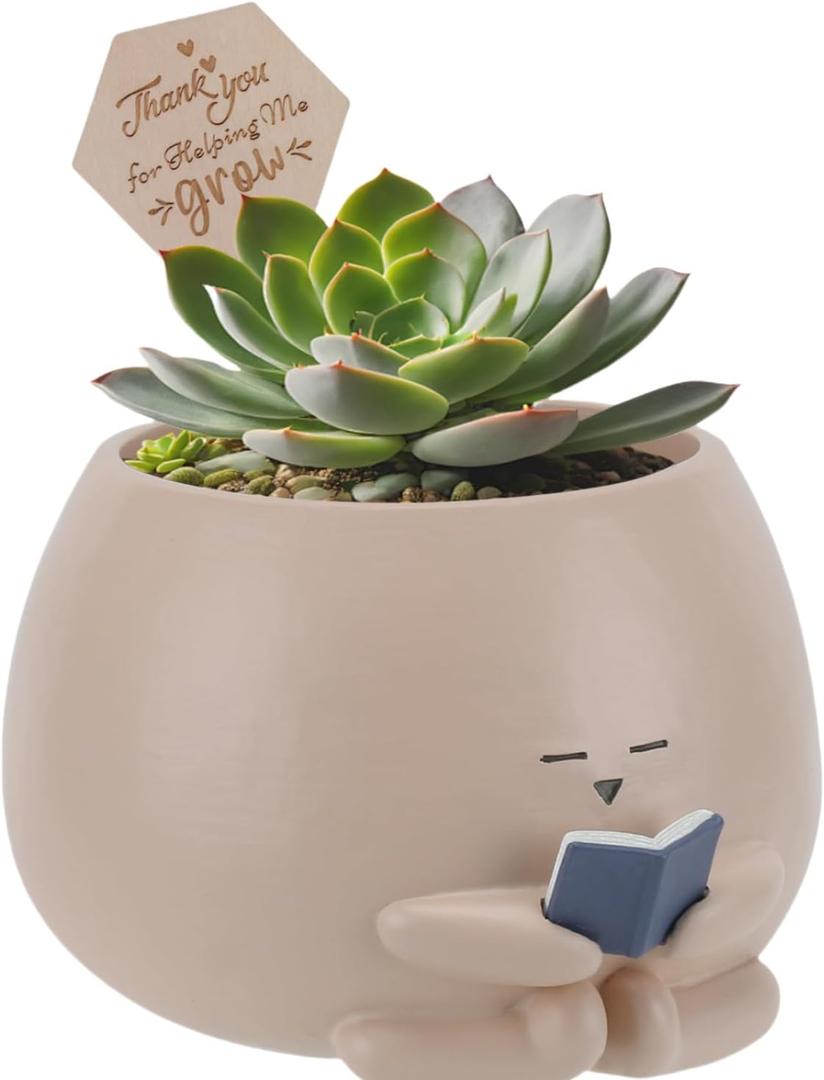 Bookworm Planter Pot - Cute Plant Pots for Succulents with Thank You Sign & Card, Resin Reading Planter for Indoor Outdoor Decor, Succulent Gifts for Book Lovers, Teacher Mom Dad Appreciation (Medium)