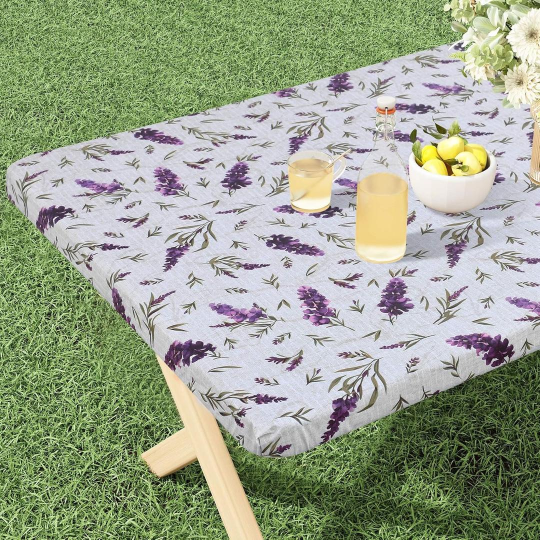 misaya Rectangle Vinyl Tablecloth, Fitted Table Cover, Waterproof, Elastic Edge, Flannel Backing, Plastic Tablecloth Fit 6 Foot Folding Tables for Picnic, Camping, Outdoor (Lavender, 30x72 inch)