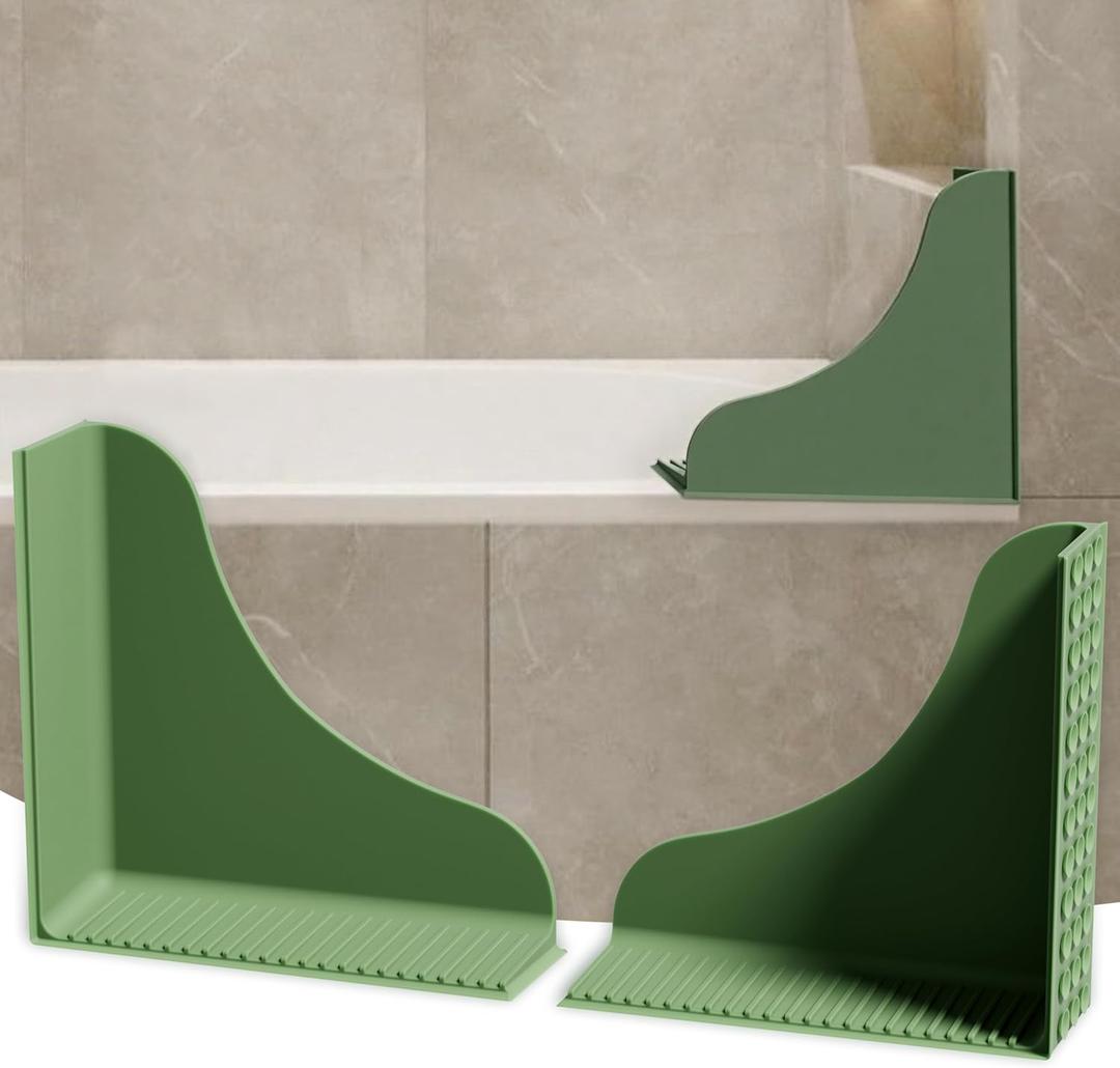 Roslim 2-Pack All-Silicone Shower Splash Guard, Bath Tub Corner Water Blocker with Strong Suction Cups, Reusable & No Sticky Adhesive, for a Secure Seal & Easy Removal, One-Piece Design, Olive Green