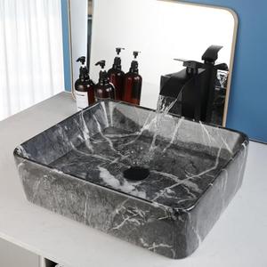 GLOBAOSALU Black Marble Bathroom Vessel Sink With Faucet and Drain 19x15 Inch Rectangular Ceramic Sink Marbling Basin Bowls Above Counter Bowl Sinks for Bathrooms Modern Porcelain Vessel Sinks