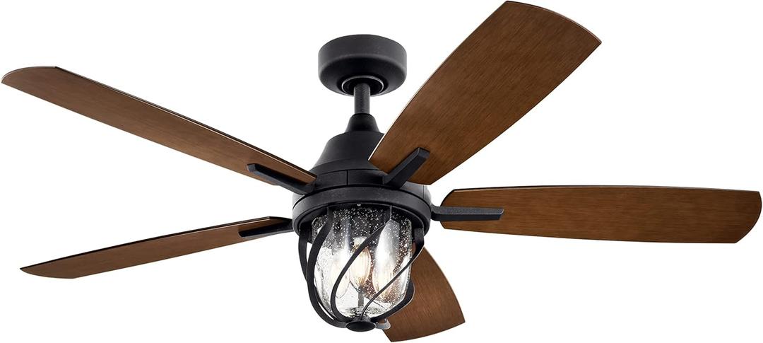 Kichler 52 inch Lydra Fan LED Ceiling Fan with Clear Seeded Glass in Distressed Black with Reversible Walnut and Satin Black blades (Distressed Black/Walnut)