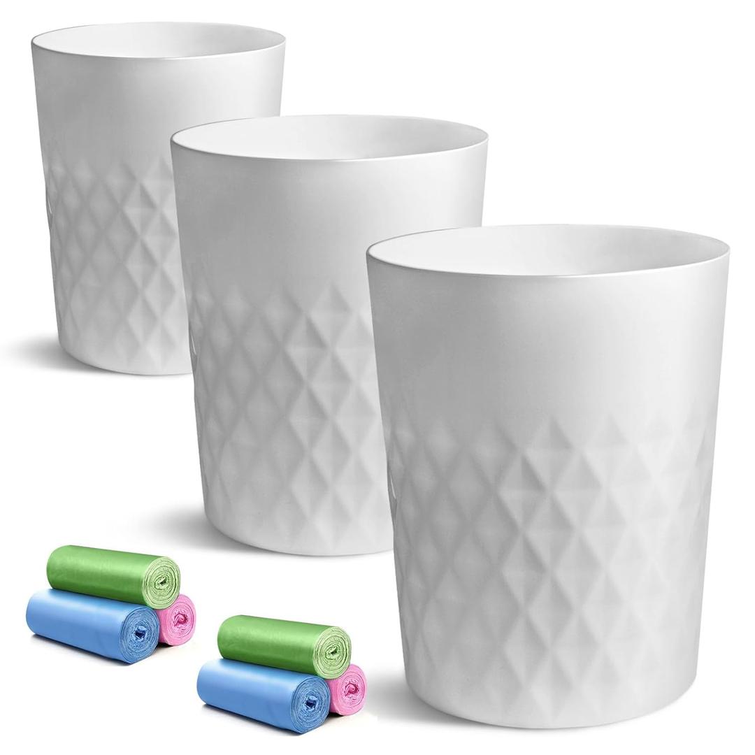 YGJT Small Trash Can, 3 Pack 1.8 Gallons Bathroom Trash Can, Slim Waste Basket, Round Garbage Can, Plastic Trash Bin for Kitchen, Dorm, Bedroom, Office, Living Room, Study, Compact Spaces(White W)