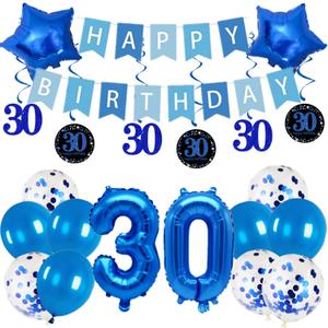 30th Birthday Party Decorations for Men Women in Blue Comprise Balloons with Swirl Decorations, A Happy Birthday Banner, A Set of 16-Inch "30" Numbers and Star Foil Balloons in Blue.
